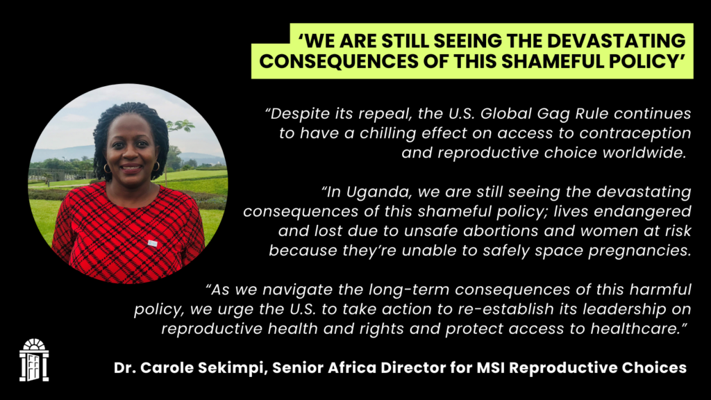 A photo of Senior Africa Director for MSI Reproductive Choices Dr. Carole Sekimpi, accompanied by quotes featured in the below article.