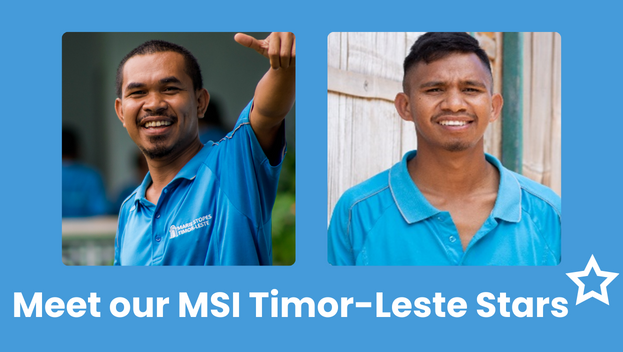 Two photos of MSI Timor-Leste staff. On the left, Cesaltino has his arm outstretched with a thumb up. To the right, Deonito is smiling. The men wear blue MSI shirts.