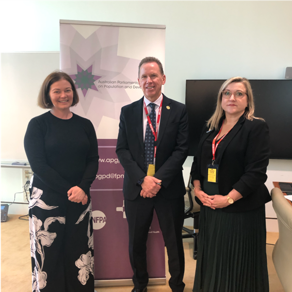 (L-R) Lisa Chesters MP, Co-Chair of the Australian Parliamentary Group on Population and Development (APGPD), Simon Cooke, CEO MSI Reproductive Choices and Kathleen Pritchard, MSI Australia, Canberra Nurse Unit Manager.